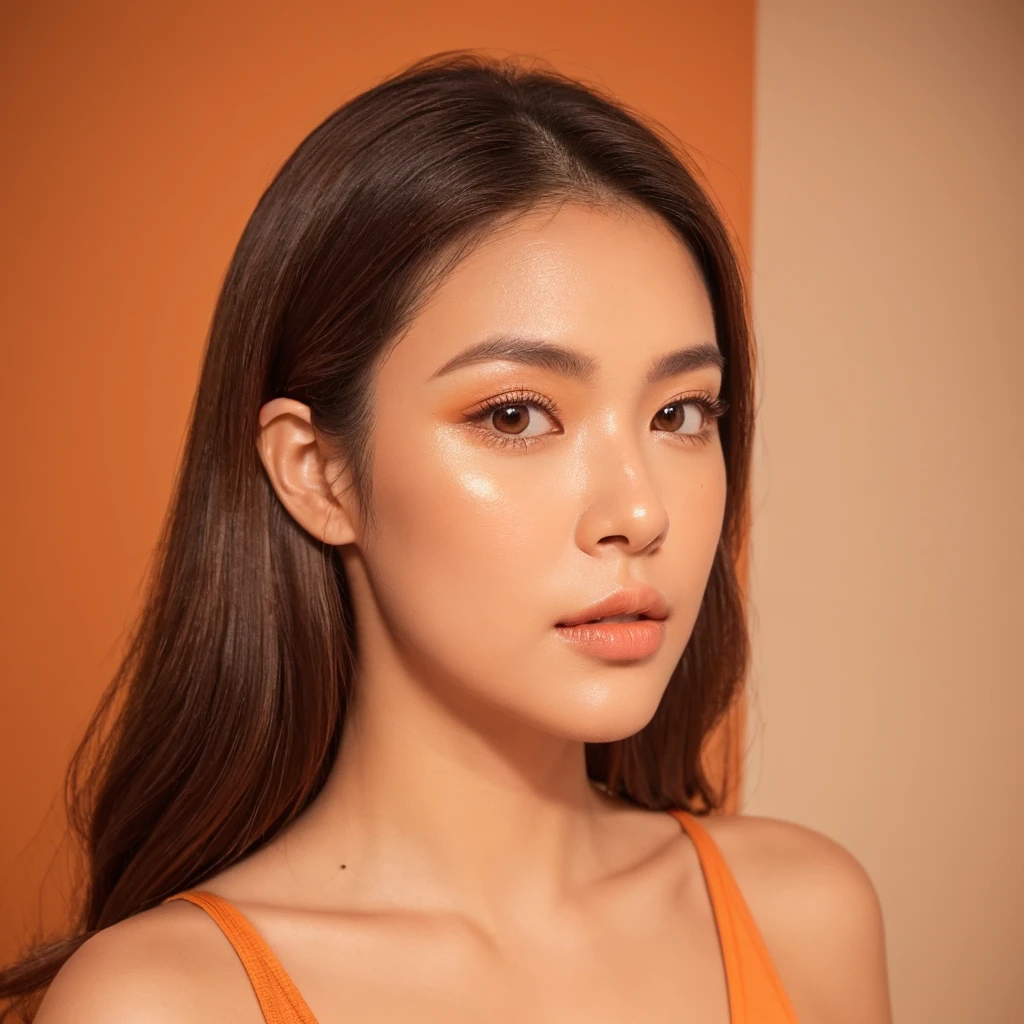 A close-up profile portrait of a Japanese woman in a studio setting, her face and gaze directed to her right (viewer's left). Her expertly styled hair complements her warm-toned, orange-based makeup.
Makeup details:

Eyes: Gradient of warm eyeshadows from soft peach to burnt orange, with shimmering gold highlights.
Eyelashes: Voluminous and curled, coated with deep brown mascara.
Eyebrow: Well-defined, filled with a warm brown shade.
Cheeks: Coral-orange blush for a sun-kissed glow.
Lips: Luscious orange-tinted color, perhaps terracotta or tangerine, with a glossy finish.

Her skin has a dewy finish, enhancing the warm, summery vibe. The portrait stops at her shoulders.
The studio lighting is warm and golden, amplifying the orange tones of her makeup and creating a soft, flattering glow on her skin.
The background is a plain white wall. It's not a perfect studio white, but rather a natural, slightly textured white wall typical of interior spaces. This white wall provides a clean, neutral backdrop that allows the model's vibrant orange-based makeup and warm skin tones to stand out prominently. The wall's subtle texture adds a touch of depth and realism to the image without distracting from the subject. There are no other elements, decorations, or shadows visible on the wall, ensuring full focus remains on the woman and her striking makeup.