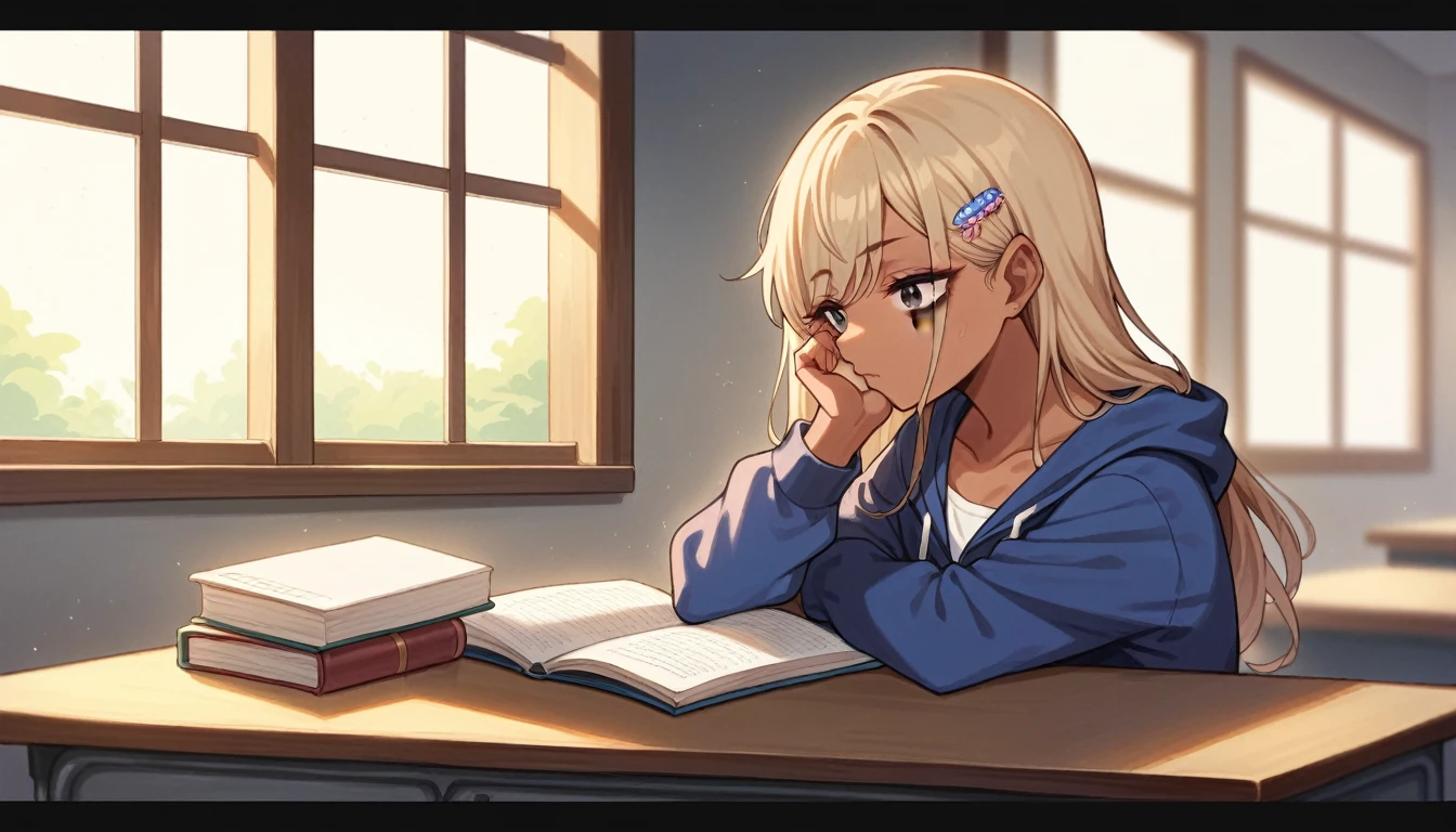 1girl, -yeld hischool student, tyle, studying at desk, side view profile, looking at notebook, concentrated expression, anime style similar to "Your Name", rural landscape, dark night outside window with scattered house lights, beautiful glossy eyes, well-proportioned face, gentle expression, long blonde or light brown hair, ample chest, beautiful collarbone, relaxed thin room wear, hoodie and short pants, soft indoor lighting, 16:9 aspect ratio, tanned skin, heavy makeup, false eyelashes, colorful nail art, hair accessories, loose socks, detailed side view of face and body, clear desk and study materials visible

Negative prompt: low quality, bad anatomy, deformed, ugly, blurry, pixelated, front view, three-quarter view