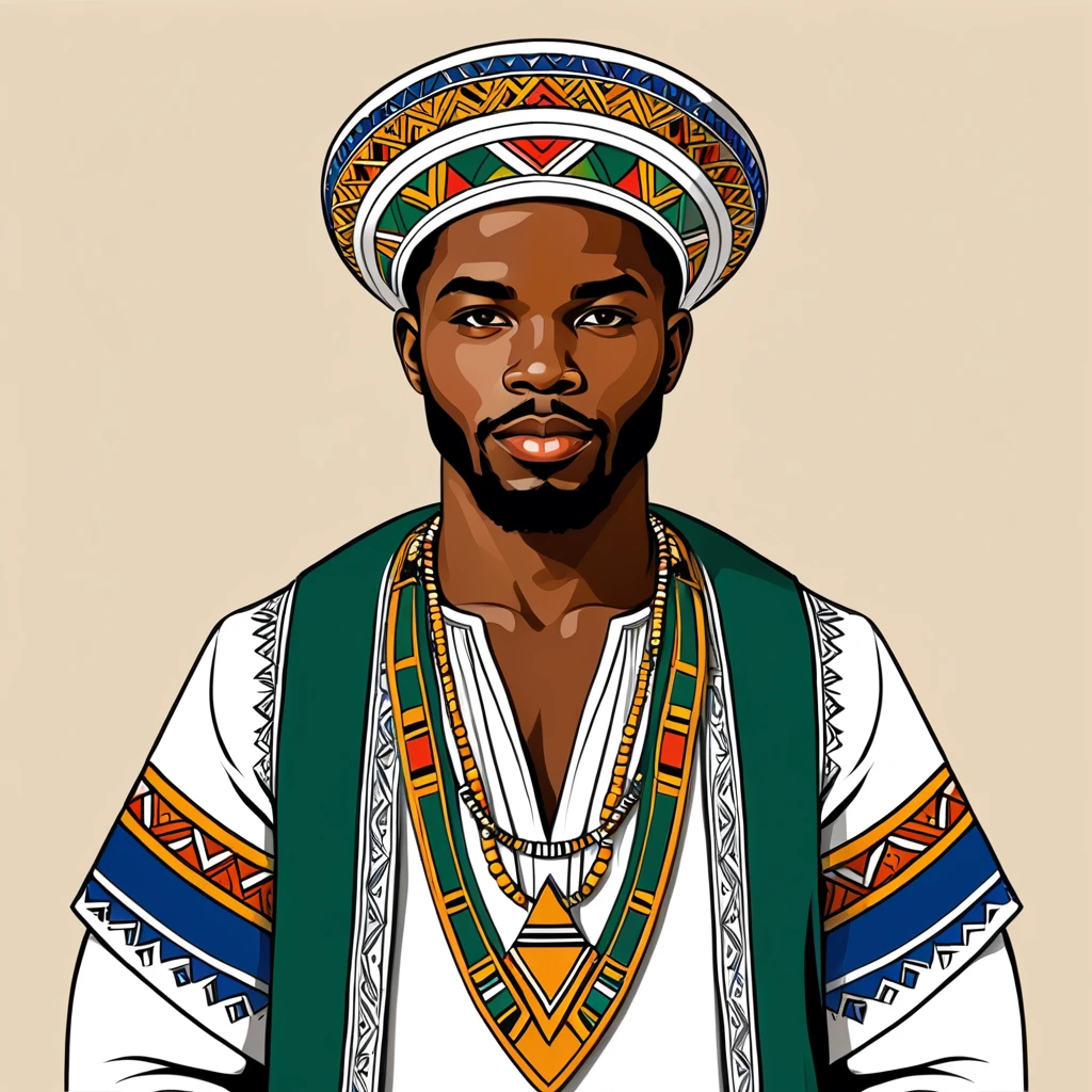 man in south african folk outfit, vector graphics, strong contours