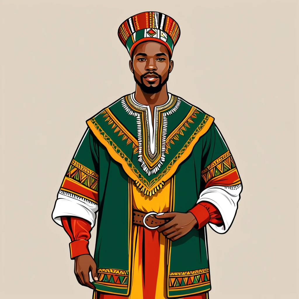 man in south african folk outfit, vector graphics, strong contours