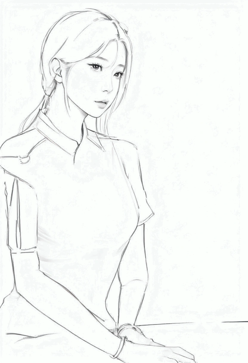 A drawing of a woman holding a knife sitting at a table., draftเส้น, draftเส้น!!, โครงdraftอะนิเมะที่สะอาดตา, outdraftเส้น, clean straight lines, draftหยาบ, โครงdraftหนา, โครงdraftหนาs, โครงdraftอ่อน, draftด้าน, Comfortable pose, simple straight line, draft, With shoulder pad, Sharp straight lines, perfect straight line, สไตล์ศิลปะdraft, โครงdraftอ่อนs
