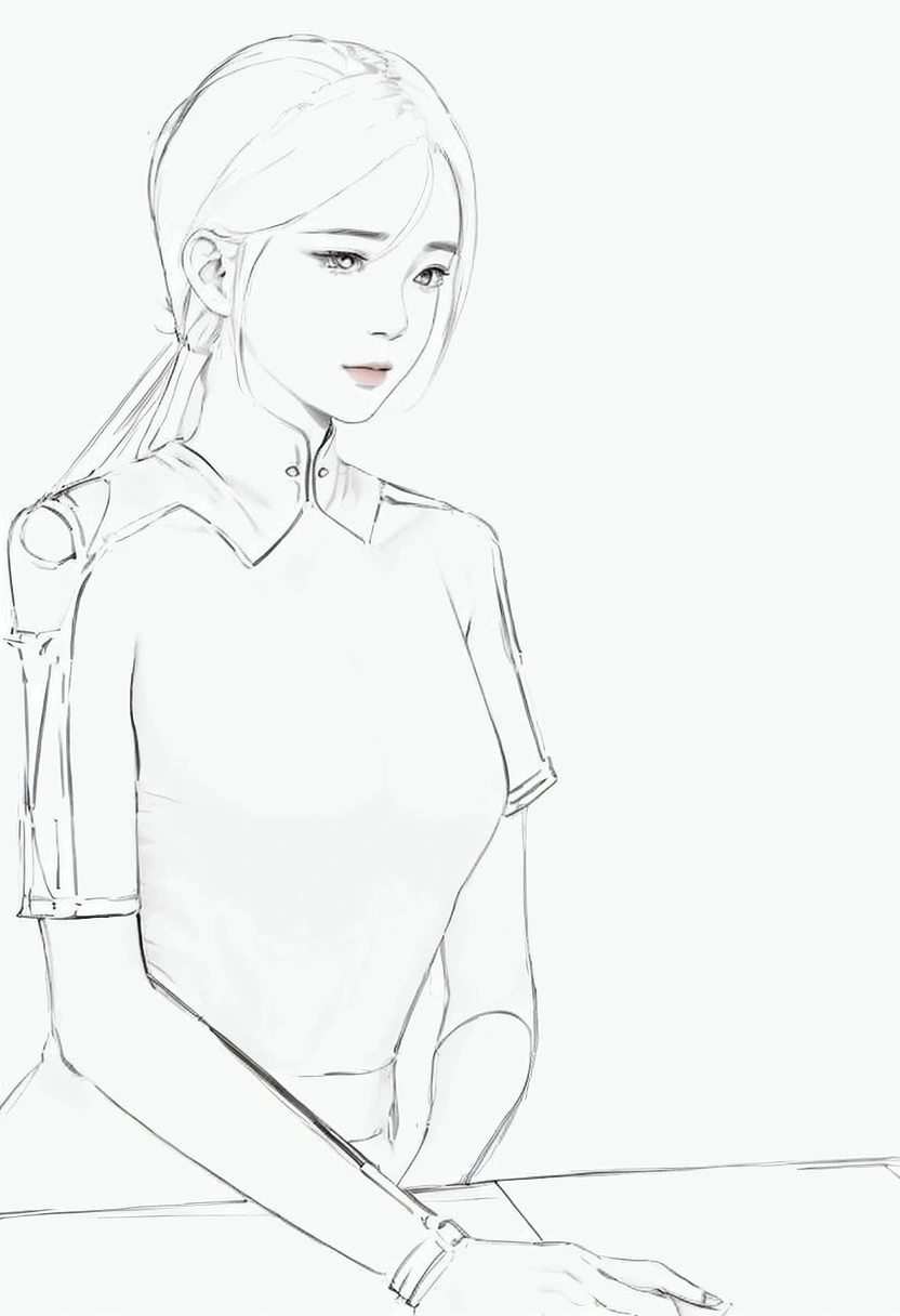 A drawing of a woman holding a knife sitting at a table., draftเส้น, draftเส้น!!, โครงdraftอะนิเมะที่สะอาดตา, outdraftเส้น, clean straight lines, draftหยาบ, โครงdraftหนา, โครงdraftหนาs, โครงdraftอ่อน, draftด้าน, Comfortable pose, simple straight line, draft, With shoulder pad, Sharp straight lines, perfect straight line, สไตล์ศิลปะdraft, โครงdraftอ่อนs