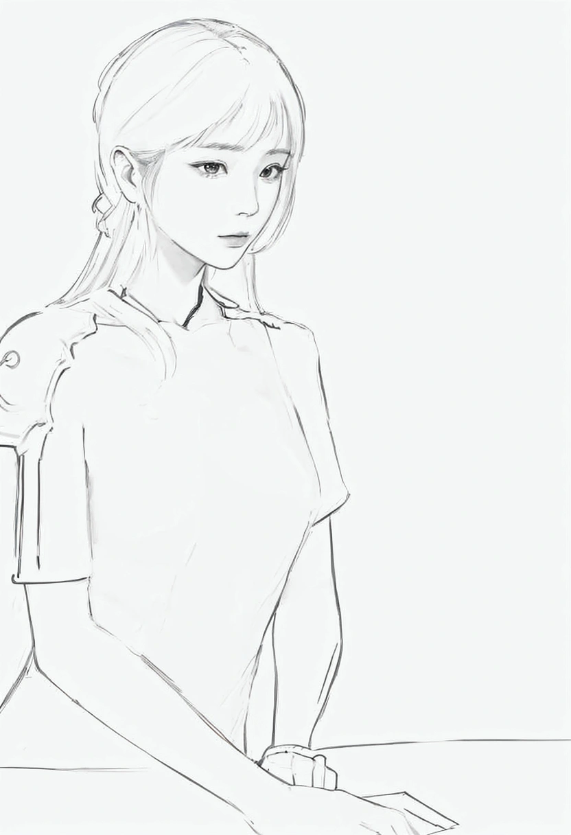 A drawing of a woman holding a knife sitting at a table., draftเส้น, draftเส้น!!, โครงdraftอะนิเมะที่สะอาดตา, outdraftเส้น, clean straight lines, draftหยาบ, โครงdraftหนา, โครงdraftหนาs, โครงdraftอ่อน, draftด้าน, Comfortable pose, simple straight line, draft, With shoulder pad, Sharp straight lines, perfect straight line, สไตล์ศิลปะdraft, โครงdraftอ่อนs