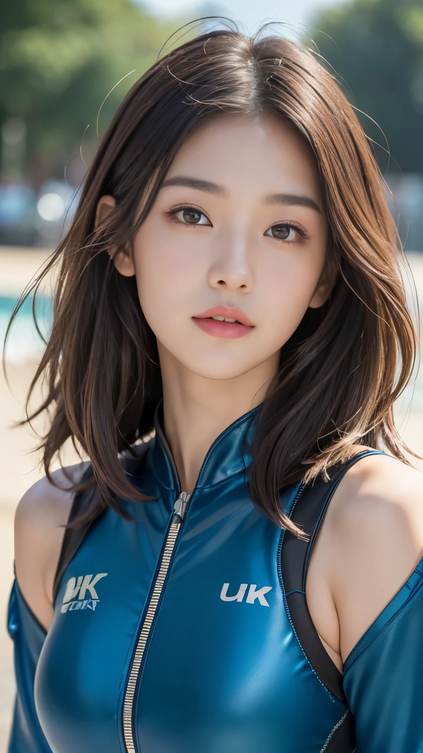 (best quality, 8K, 32,000, masterpiece, uhd: 1.3), Photos of attractive Japanese women, one girl, perfect body, very detailed face, detailed lips, good eyes, double eyelid, (rash guard swimsuit), (diving suit), light brown hair, asymmetric hair, asymmetrical bangs, messy hair,