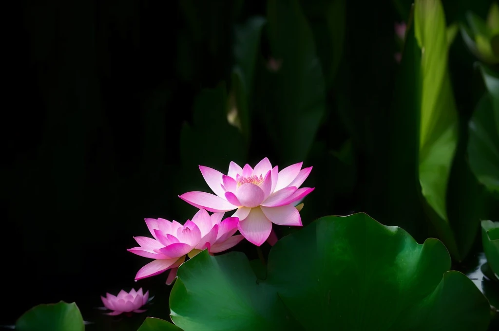 a close up of a Pink flowers with green leaves in the background, lotus flowers, lotuses, lotus petals, lotus, lotus flower, standing gracefully upon a lotus, pink lotus queen, lotus pond, sitting on a lotus flower, lotus flowers on the water, Water Lily, Ghost Festival, Pink petals, Water Lily, Pink flowers