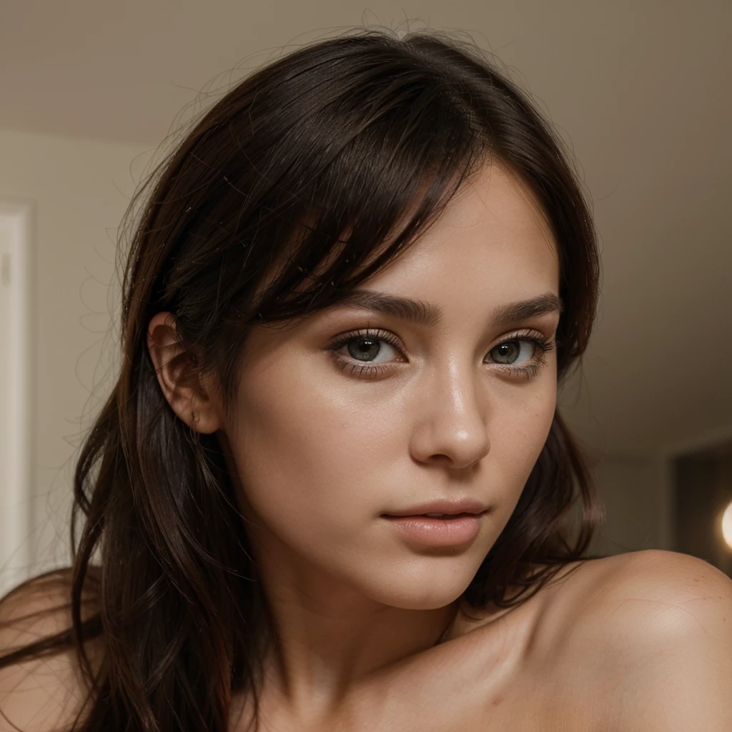 A stunning young woman in her twenties with a beautiful gaze, no makeup, and highly realistic features. The image should be in 4K resolution, highlighting her natural attractiveness and contemporary appeal.