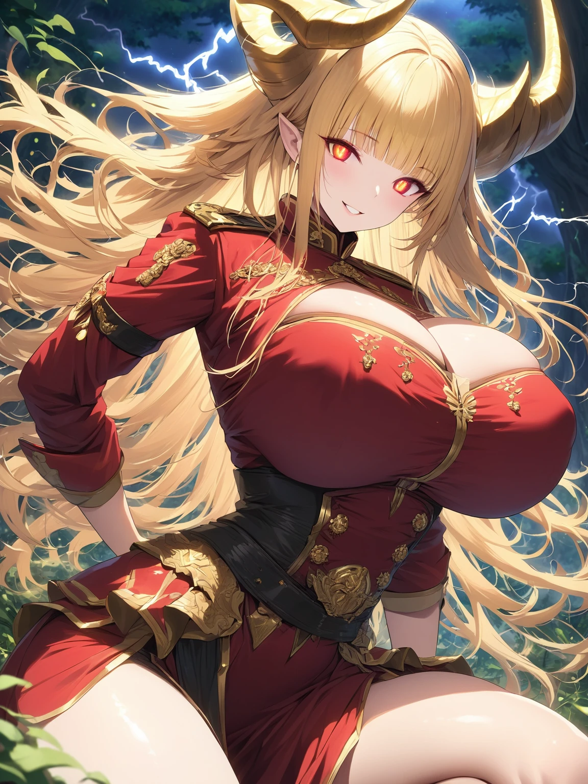 Masterpiece, very detailed, ultra detailed, one, (1 woman), she is in an ancient red military uniform, and in an elegant position, long golden hair, straight bangs, yellow demonic horns, beautiful, charming, bright red eyes, neon eyes, elegant, huge breasts (big), smile, charming, against the background of nature, fairies, lightning and thunderstorms.