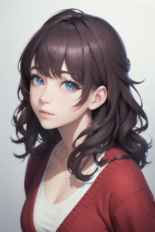 girl,Character design sheet,Beautiful attention to detail,Beautiful lip detail,Very detailed目と顔,Long eyelashes,Realistic,photoRealistic:1.37,Very detailed,Professional,Vibrant colors,Portraiture,Studio Lighting,Sharp focus,Physically Based Rendering,High resolution,超High resolution. blue eyes,Big eyes, Long Hair,Curly hair、Black Hair,Red cheeks,Droopy eyes,Average chest,Jacket,Red cardigan,inner,White T-shirt,White long skirt,