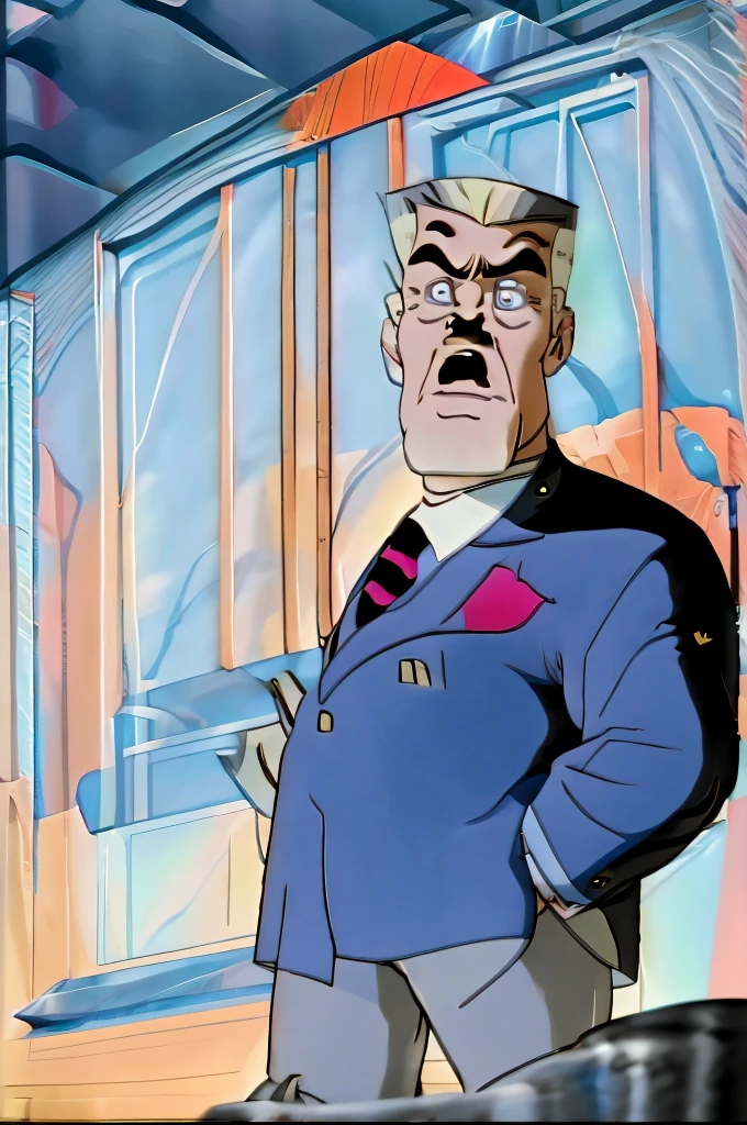 John Jonah Jameson, grumpy, standing, very shirtless