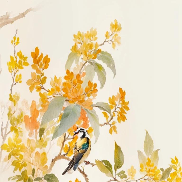 there is a painting of a bird sitting on a branch of a tree, inspired by Xie Shichen, chinese painting style, by Liao Chi-chun, by Gao Cen, by Li Keran, chinese style painting, by Xia Shuwen, by Mei Qing, by Li Shan, by Gao Qipei, by Cheng Jiasui, by Xie Shichen