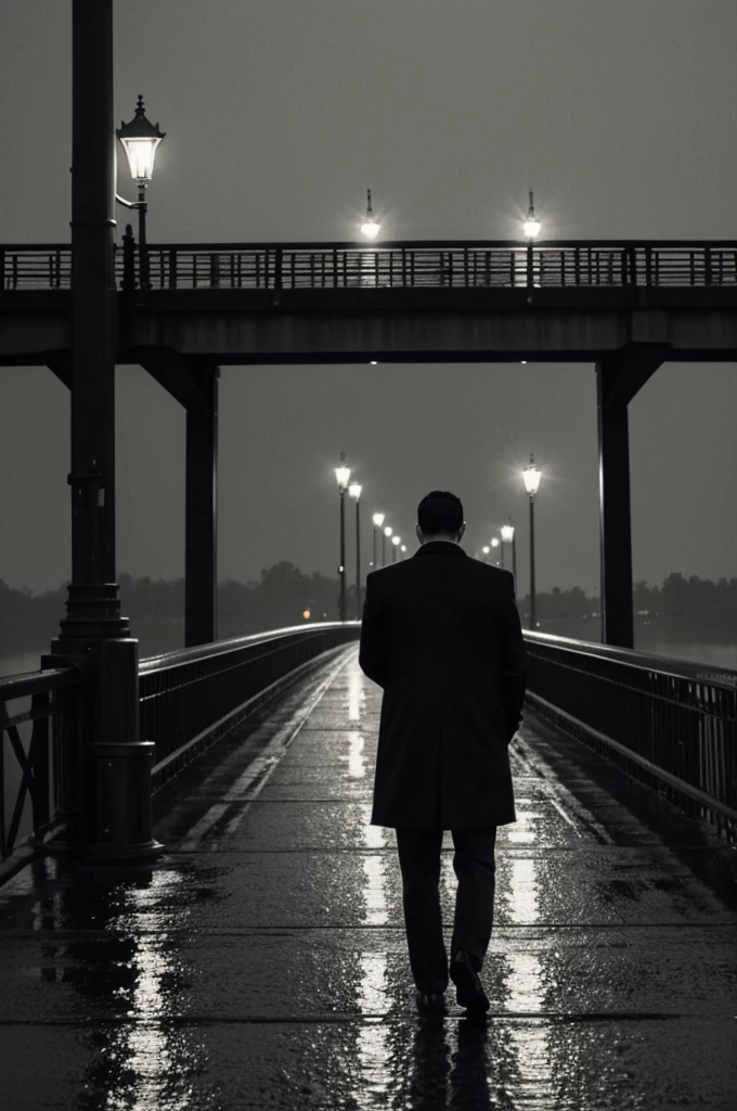 Oil painting of a man with his back on a bridge on a rainy night in grayscale