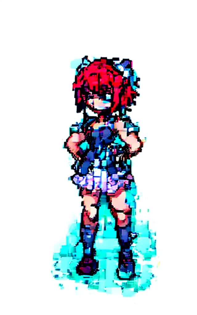 8k.4k,((Best Quality, Masterpiece, ultra high resolution)),((whole body)),standing,by Pixelsketcher, dress, Blue eyes,Red hair, red dress, short hair,old,short dress,shoes, blue panties, red shoes, neckline, sleeveless dress,(Blue socks),human,hair ornament,White background,Alone,hands on the hips