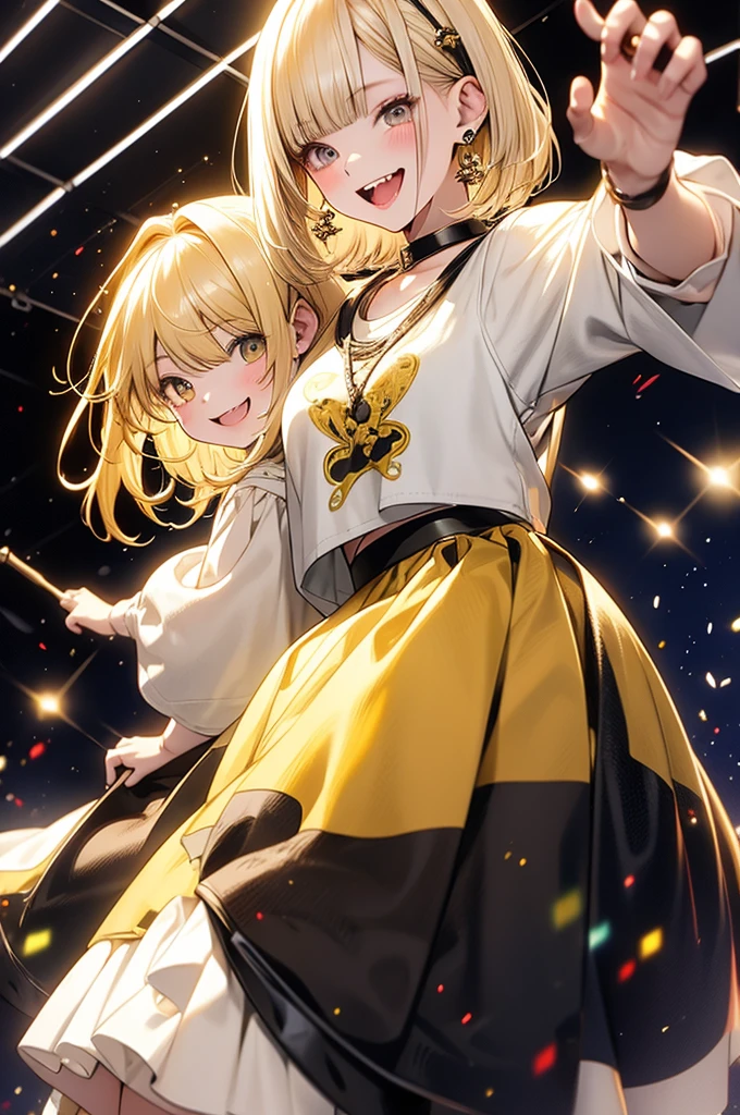 Blonde、Yellow Eyes、Bob Hair、Idol、Fluffy skirt、dance、smile