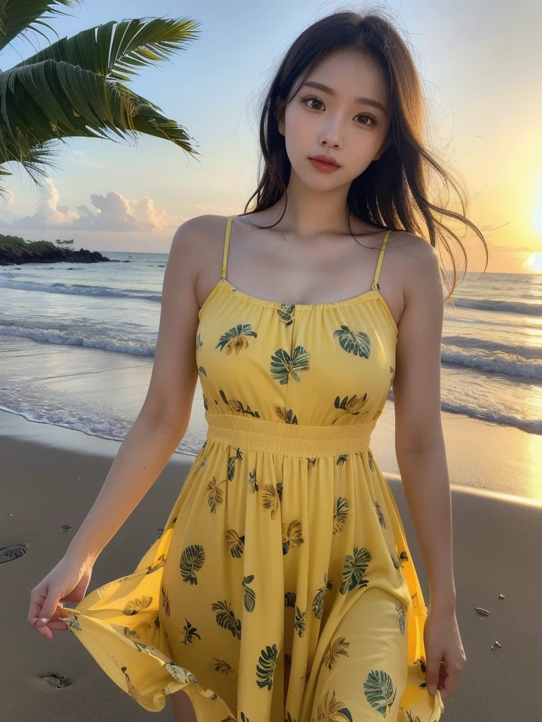 (realistic, photo-realistic:1.37),(8k, RAW photo, best quality, masterpiece:1.2), extremely fine detailed, ultra-detailed, physically-based rendering, ultra high res, kodakvision color, shot on Arricam LT Camera, bokeh, sharp focus, looking at viewer, photorealistic, realistic, solo, photorealistic, best quality, extremely detailed face, extremely detailed eyes and face, beautiful detailed eyes and hair, cuticle, absurdres, incredibly absurdres, floating hair,perfect body, ((yellow tropical pattern sundress, evening light)), walking on beach, turning towards viewer, waves in background, sunset sky