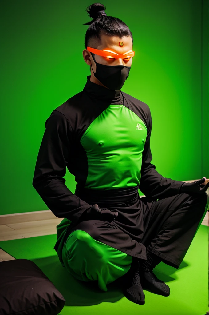 MODERN NINJA MONK DOING MEDITATION . GREENY NEON BACKGROUND.
