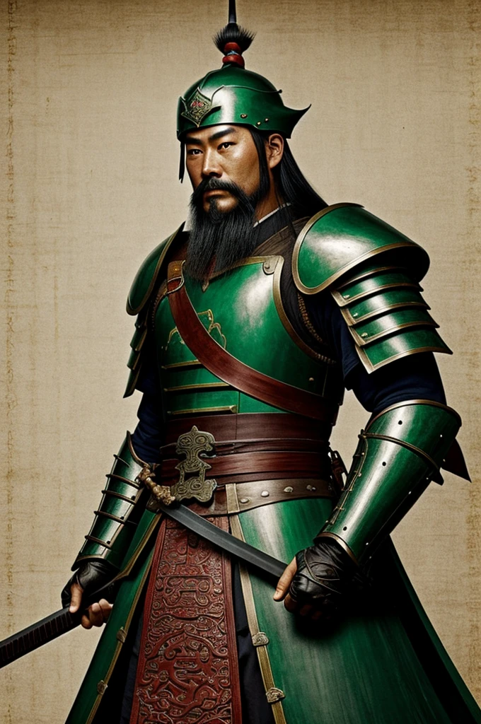 Chinese warrior from the Qing Dynasty, with long beard, dark skin, and green armor.