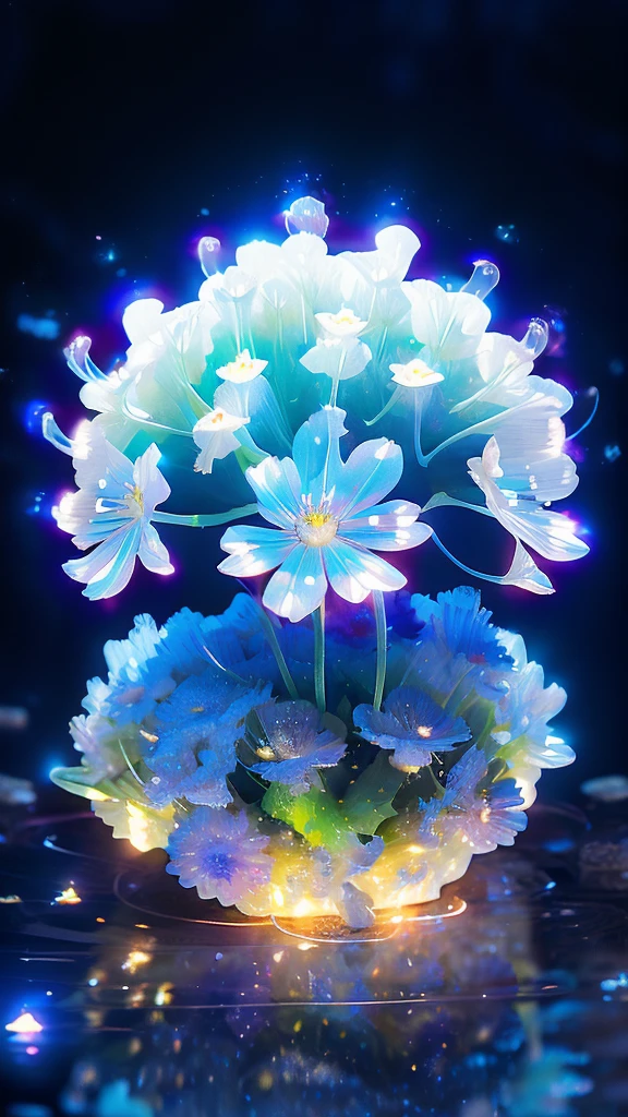 a bouquet of transparent luminescent blue
 anemone or blue cornflower flowers, transparent, surrounded by glimmering lights, beautiful ambient lighting, highly detailed, photorealistic, 8k, ultra-detailed, intricate floral arrangement, delicate petals, vivid colors, natural sunlight, depth of field, soft focus, cinematic mood