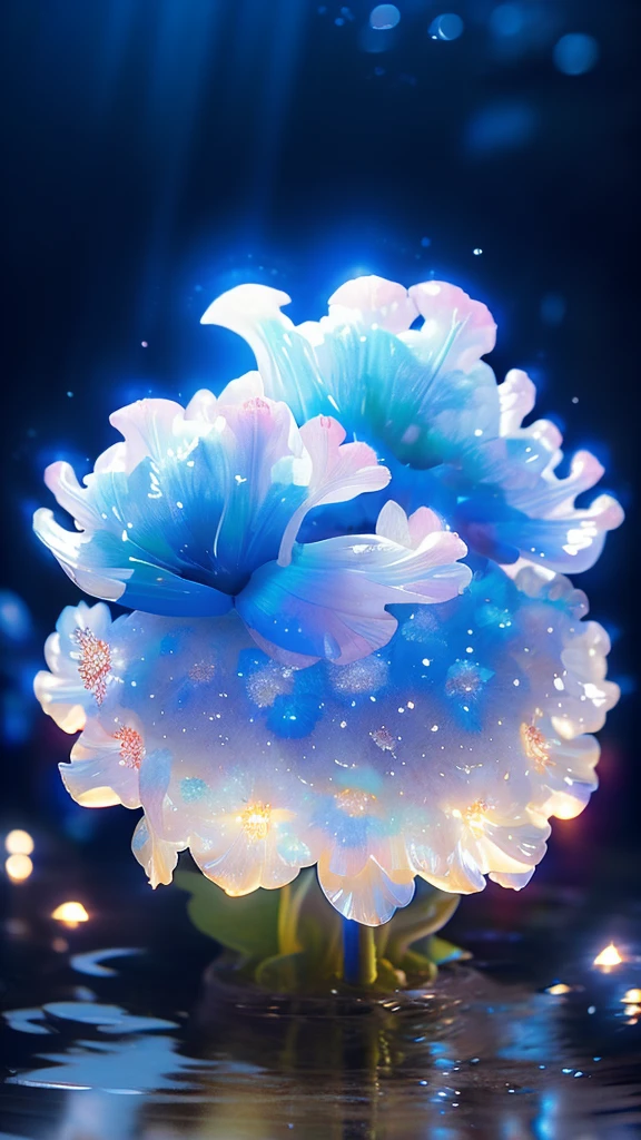 a bouquet of transparent luminescent blue
 anemone or blue cornflower flowers, transparent, surrounded by glimmering lights, beautiful ambient lighting, highly detailed, photorealistic, 8k, ultra-detailed, intricate floral arrangement, delicate petals, vivid colors, natural sunlight, depth of field, soft focus, cinematic mood