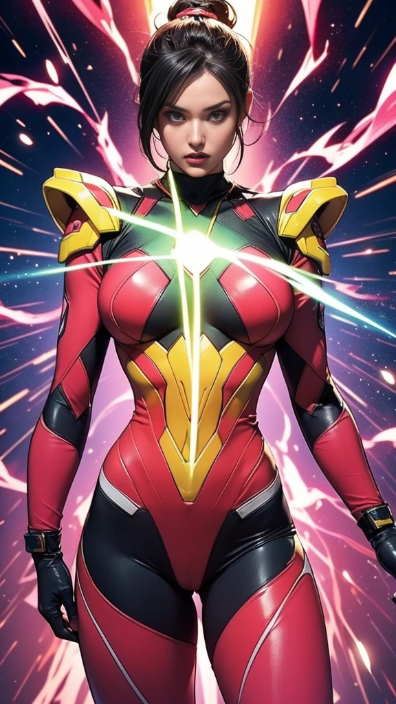 Solo, A brave and courageous image of a 6 member ranger team, Each one is decorated in vibrant colors such as:: ((Pink)), red is front of center, violet, Green, yellow, blue black, white,. Dynamic poses in a background that exudes energy and courage, neon, fire, plasma, Fluorescent, shocking, pink big bomber, splashing pink, running, fighting pose, action pose, Embodying the essence of the classic Sentai superhero team. Each Ranger:: The attire is sophisticated and modern, Each color has elements that reflect its theme., Ready for action. ((Camel Toe)), weapons, in sunset background , in cinematic lighting, cover art mixed cinema poster style,