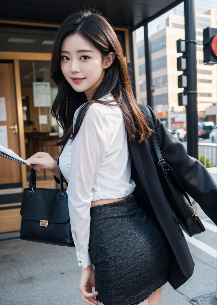 Diffuse lighting、 Highest quality, High resolution, unity 8k wallpaper、Supersaturation, Japanese、1 female、23 years old、urban office district、With documents in hand、Business Bags、Medium Hair、sales、Upper body close-up、Are standing、Walking outside、Walking through the business district、Surrounded by buildings、たくさんのWith documents in hand、I have documents、Black business suit、Lace blouse under jacket、Mini tight skirt、Red High Heelini length、Hot sunshine、Upper body close-up、smile、The look of temptation、Tight ass、