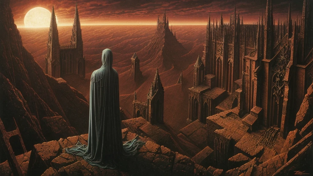 Zdzislaw Beksinski ,album cover, romantic, Surrealism, of the future ,devil, Fiber, Wizard, view,hell,cathedral,