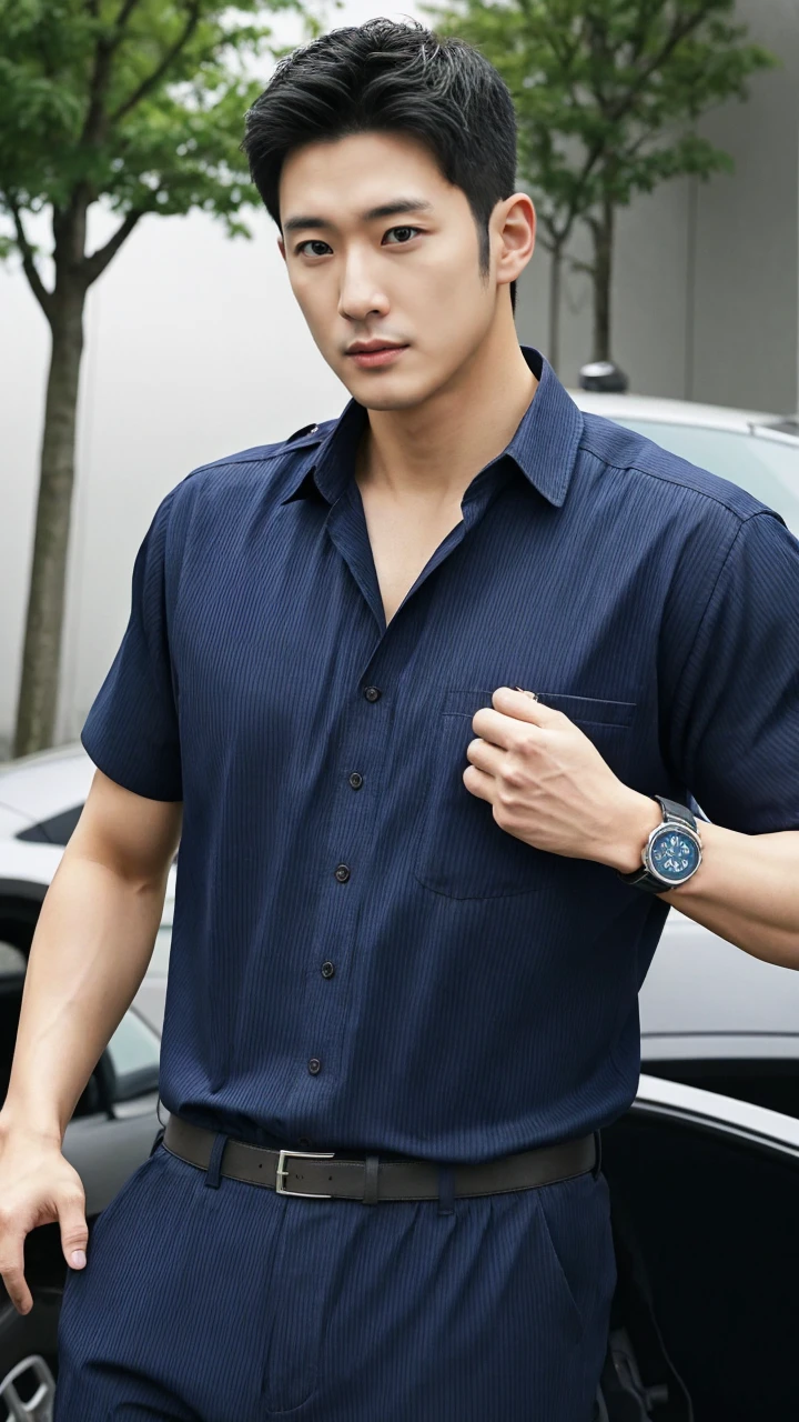 top-quality、tmasterpiece、超A high resolution、(hentail realism:1.4)、Detailed face、solo、1human male、The upper part of the body、Dark hair、glistning skin、dense skin、(Asian people)、buliding、(absurderes、A high resolution、ultra - detailed)、、1 male、Adults、(20-year-old man)、A handsome、tall muscular man、broad shoulder、extra very short hair、Angular jaws、Thick neck、thick eyebrow、extra very short hair、brunette color hair、Fine eyes and detailed face、 Highly detailed CG Unity 8K wallpapers、intricately details、(Style swirl magic:0.7)、looking at viewert、solo、(full body Esbian:0.6)、Detailed background、A detailed face、dynamicposes、、Urban background、dynamic compositions、 musculous、、((((Crotch bulge))))、A handsome、 ((masutepiece:1.4, Best quality)), ((masutepiece, Best quality)), (photographrealistic:1.4)、(((police officers)))、(Japan Police), full of sweat, (he is wet, Wet 1.2), , blood vessels in the arms,japanese male、wearing an outfit、Wild personality,Be proactive,It rained heavily,in Japan,Japan's top police uniform,Japanese police uniform pants,Right handcuffs,truncheon, Left-handed pistol、Doctor pants,full body Esbian、Blue shirt、Wild pose、Stand in front of a police car