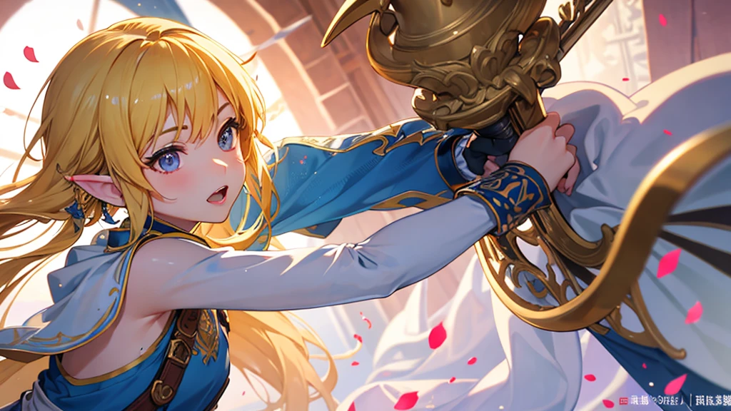 ((best quality)), ((masterpiece)), (detailed), Highest quality, Great quality, 16K, Unbelievably absurd, Very detailed, delicate and dynamic, Natural light, The particles reflect the rainbow colors, Diffuse reflection of light, Vortex of Light, Many rainbow-colored petals fall, Beautiful Western Castle, Shining Sun, 湖面にDiffuse reflection of light, Create amazing image effects, Upper body close-up, (, Cute sexy girl, , Passionate, Severe, Vibrant, Swinging a Sword. The Legend of Zelda)
