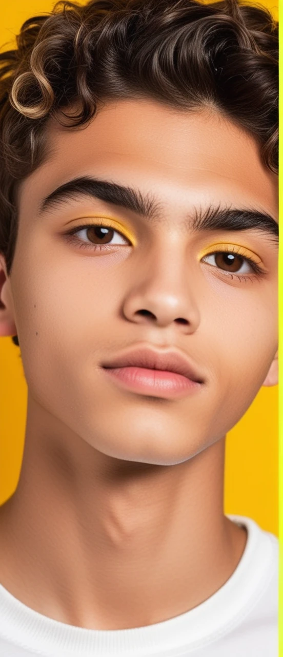 Make up a old male teenager looking to the side with yellow background, Brazilian features, light skin tone, short wavy dark blonde hair, dark brown eyes, blonde eyebrows with a small line in each eyebrow