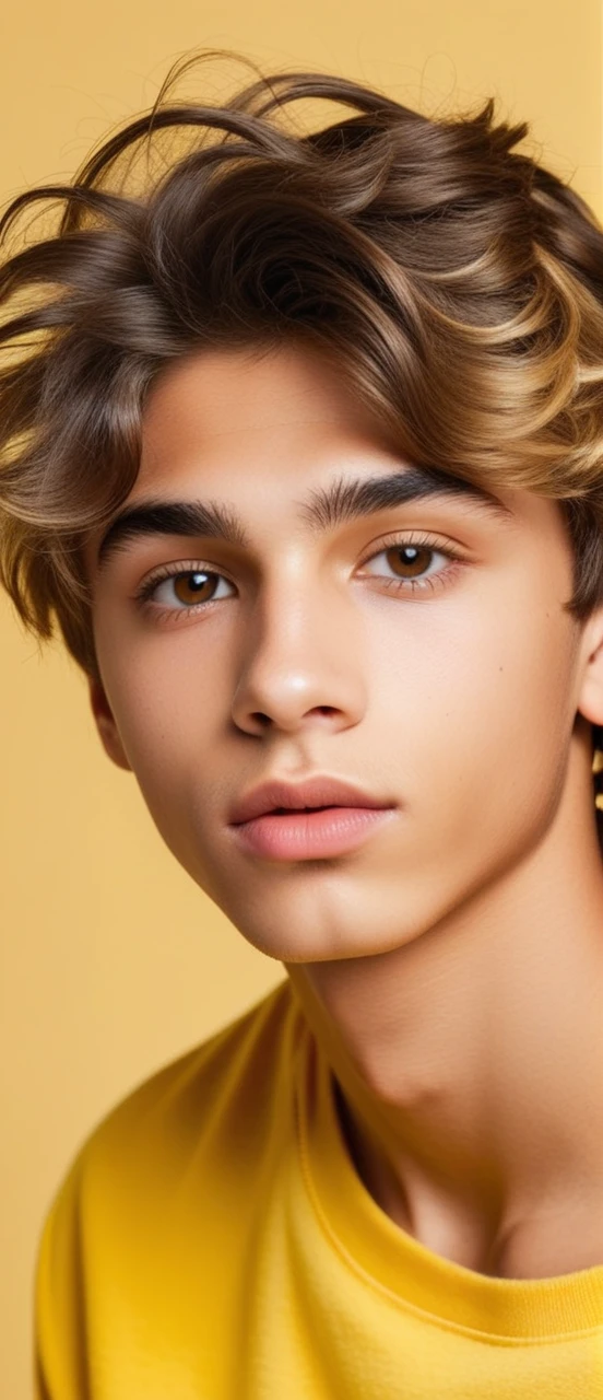 Make up a 16 year old male teenager looking to the side with yellow background, Brazilian features, light skin tone, short wavy dark blonde hair, dark brown eyes, blonde eyebrows with a small line in each eyebrow