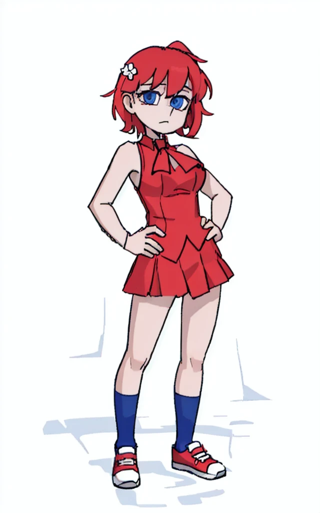 8k.4k,((Best Quality, Masterpiece, ultra high resolution)),((whole body)),standing,by Pixelsketcher,   dress, Blue eyes,Red hair, red dress, short hair,old,short dress,shoes, blue panties, red shoes, neckline, sleeveless dress,(Blue socks),human,hair ornament,White background,Alone,hands on the hips