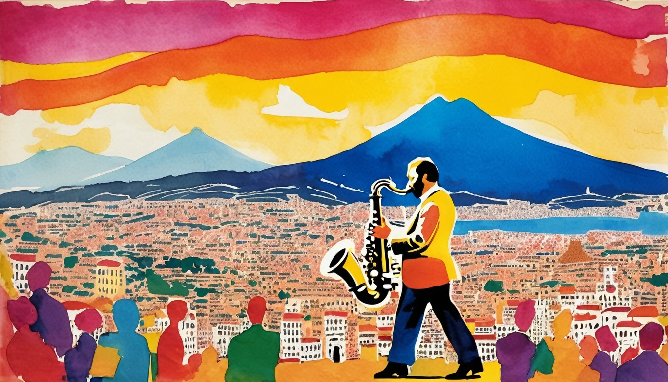 (Ink on newspaper in the style of Louis Jober:1.5), Tenor saxophone player、Naples, Vesuvius, Imagine an artistic movement in which portraits vividly express the inner thoughts and feelings of their subjects.。, Changing patterns of color and light