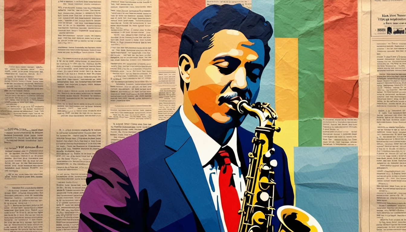 (Ink on newspaper in the style of Louis Jober:1.5), Tenor saxophone player、Naples, Vesuvius, Imagine an artistic movement in which portraits vividly express the inner thoughts and feelings of their subjects.。, Changing patterns of color and light