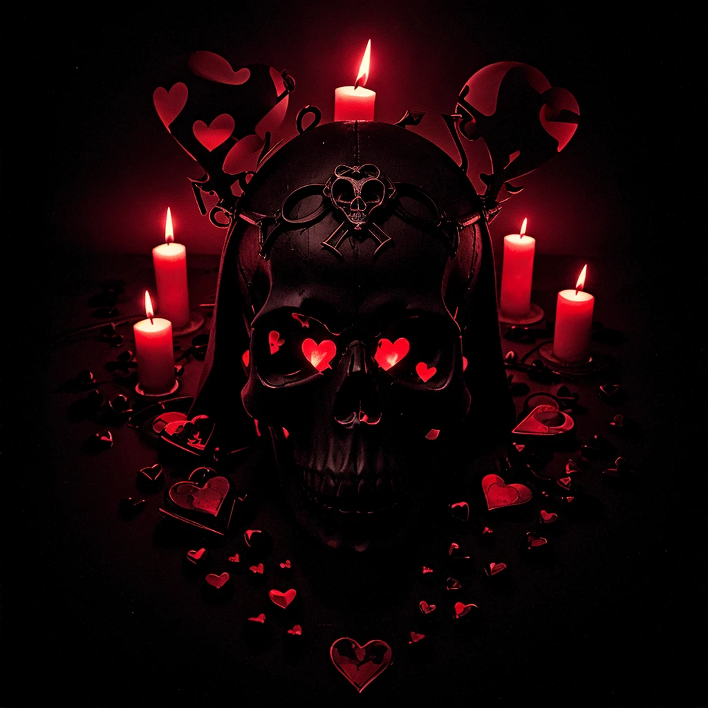 gothic image of a skull surrounded by stylized hearts. Very dark and creepy vibes. Black background.
