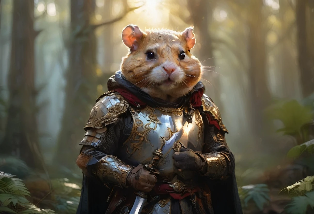 cinematic photo cinematic photo , extremely detailed fur, (((holding a gleaming ornate sword:1.85))), image of a wise old veteran hamster warrior wearing (shiny intricate armor:1.4) and a dark woolen cloak, haze, sparkles, glow effects, crepuscular rays, raw photo, 8k, true 4k, cinematic style, rim lighting, front light, spot light, perfect lighting, chiaroscuro, professional photoshoot, intricate, ultra detailed, in an overgrown enchanted forest, moss, (beautiful flowers:1.3), ferns and vines, extremely detailed background, light shafts, bokeh, hasselblad, 70mm, f/2, 35mm, raw photo, schneider super cinelux, cinematic photorealistic, 8k uhd natural lighting, raw, rich, intricate details, key visual, atmospheric lighting, 35mm photograph, film, bokeh, professional, 4k, highly detailed . 35mm photograph, film, bokeh, professional, 4k, highly detailed, cinematic photorealistic, 8k uhd natural lighting, raw, rich, intricate details, key visual, atmospheric lighting, 35mm photograph, film, bokeh, professional, 4k, highly detailed . 35mm photograph, film, bokeh, professional, 4k, highly detailed 