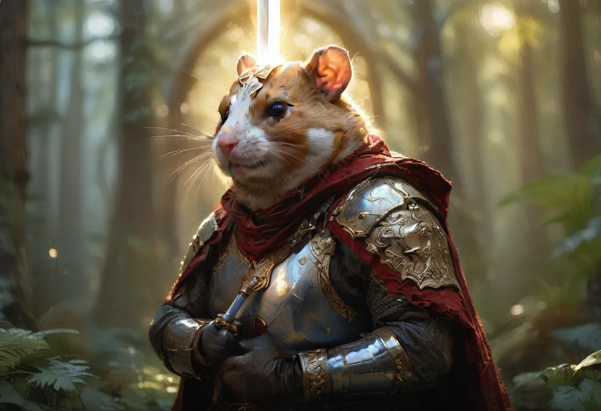 cinematic photo cinematic photo , extremely detailed fur, (((holding a gleaming ornate sword:1.85))), image of a wise old veteran hamster warrior wearing (shiny intricate armor:1.4) and a dark woolen cloak, haze, sparkles, glow effects, crepuscular rays, raw photo, 8k, true 4k, cinematic style, rim lighting, front light, spot light, perfect lighting, chiaroscuro, professional photoshoot, intricate, ultra detailed, in an overgrown enchanted forest, moss, (beautiful flowers:1.3), ferns and vines, extremely detailed background, light shafts, bokeh, hasselblad, 70mm, f/2, 35mm, raw photo, schneider super cinelux, cinematic photorealistic, 8k uhd natural lighting, raw, rich, intricate details, key visual, atmospheric lighting, 35mm photograph, film, bokeh, professional, 4k, highly detailed . 35mm photograph, film, bokeh, professional, 4k, highly detailed, cinematic photorealistic, 8k uhd natural lighting, raw, rich, intricate details, key visual, atmospheric lighting, 35mm photograph, film, bokeh, professional, 4k, highly detailed . 35mm photograph, film, bokeh, professional, 4k, highly detailed 