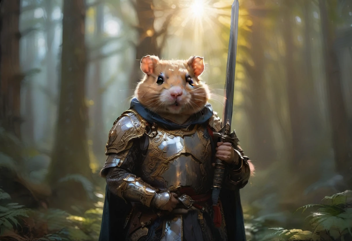 cinematic photo cinematic photo , extremely detailed fur, (((holding a gleaming ornate sword:1.85))), image of a wise old veteran hamster warrior wearing (shiny intricate armor:1.4) and a dark woolen cloak, haze, sparkles, glow effects, crepuscular rays, raw photo, 8k, true 4k, cinematic style, rim lighting, front light, spot light, perfect lighting, chiaroscuro, professional photoshoot, intricate, ultra detailed, in an overgrown enchanted forest, moss, (beautiful flowers:1.3), ferns and vines, extremely detailed background, light shafts, bokeh, hasselblad, 70mm, f/2, 35mm, raw photo, schneider super cinelux, cinematic photorealistic, 8k uhd natural lighting, raw, rich, intricate details, key visual, atmospheric lighting, 35mm photograph, film, bokeh, professional, 4k, highly detailed . 35mm photograph, film, bokeh, professional, 4k, highly detailed, cinematic photorealistic, 8k uhd natural lighting, raw, rich, intricate details, key visual, atmospheric lighting, 35mm photograph, film, bokeh, professional, 4k, highly detailed . 35mm photograph, film, bokeh, professional, 4k, highly detailed 