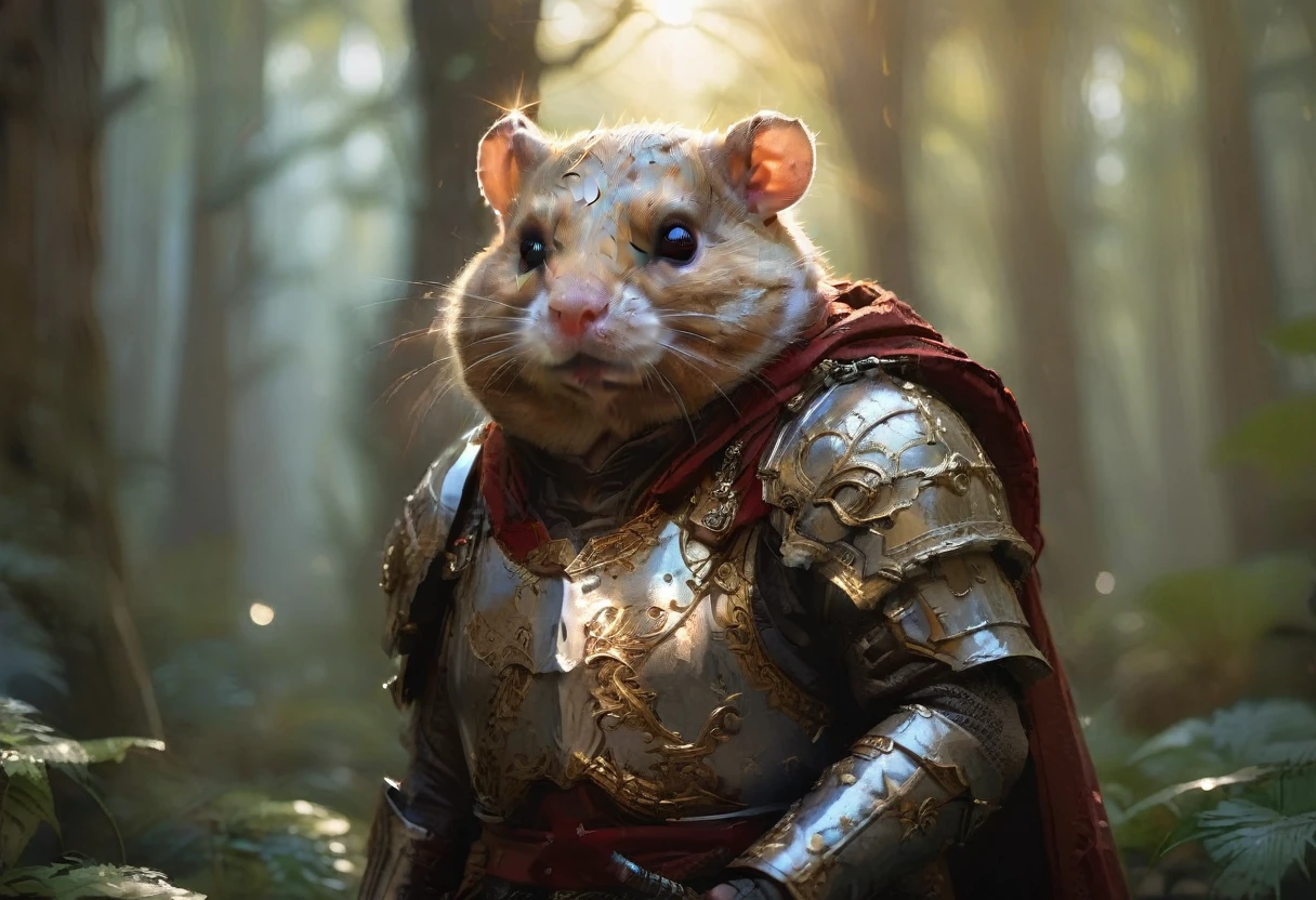 cinematic photo cinematic photo , extremely detailed fur, (((holding a gleaming ornate sword:1.85))), image of a wise old veteran hamster warrior wearing (shiny intricate armor:1.4) and a dark woolen cloak, haze, sparkles, glow effects, crepuscular rays, raw photo, 8k, true 4k, cinematic style, rim lighting, front light, spot light, perfect lighting, chiaroscuro, professional photoshoot, intricate, ultra detailed, in an overgrown enchanted forest, moss, (beautiful flowers:1.3), ferns and vines, extremely detailed background, light shafts, bokeh, hasselblad, 70mm, f/2, 35mm, raw photo, schneider super cinelux, cinematic photorealistic, 8k uhd natural lighting, raw, rich, intricate details, key visual, atmospheric lighting, 35mm photograph, film, bokeh, professional, 4k, highly detailed . 35mm photograph, film, bokeh, professional, 4k, highly detailed, cinematic photorealistic, 8k uhd natural lighting, raw, rich, intricate details, key visual, atmospheric lighting, 35mm photograph, film, bokeh, professional, 4k, highly detailed . 35mm photograph, film, bokeh, professional, 4k, highly detailed 