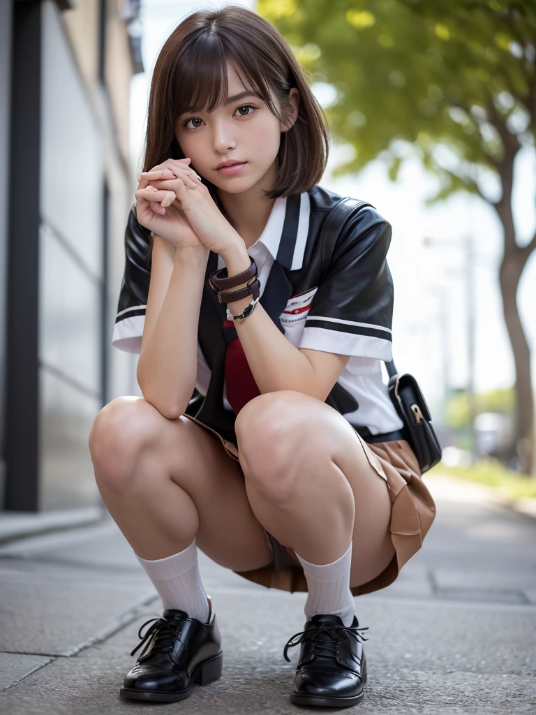in 8K,top-quality,Real Image,intricate detailes,超A high resolution,Depth Field,masuter piece,natural soft light,profetional lighting,1 girl in,(cute little:1.2),an extremely beautiful 17-year-old girl,A detailed eye,((Brown-eyed)),(Brown hair),(short-haired),(bangslawless skin,shinny skin,fair white skin,Fine skin,large full breasts,((perfect anatomia,nice hand,perfect hand,Five fingers connected to the palm of the hand,accurate hands without incongruity)),Perfect raw legs,delicate legs,perfectly proportions,A sexy,Chest visible,((Japan uniform)),((School Uniforms mini Skirt)),(neck tie),Black socks,Chano Leather Shoes,Squatting deep in the city,The crotch visible,Show me your panties around town,both legs are bent,The legs are spread in an M shape,,I can see panties,Delicate thighs visible from the front