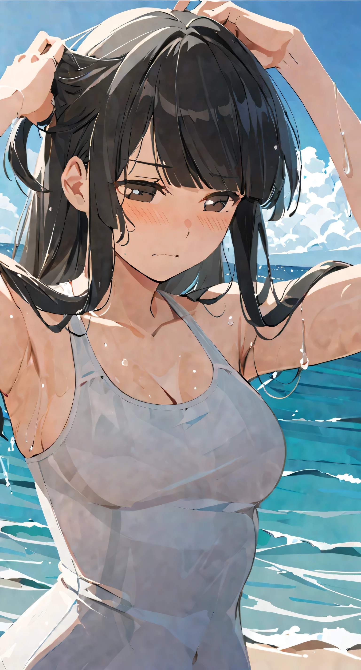 masterpiece,best quality, solo, eda, bangs, black hair, upper body,blue sky,cloud, shy expression, medium breast, hot, thicc, swimsuit , ocean, water, she is tying her hair, she is shy, embarrassed , she is embarrassed, dynamic pose, she is tying her hair, close shot, upper body, chubby