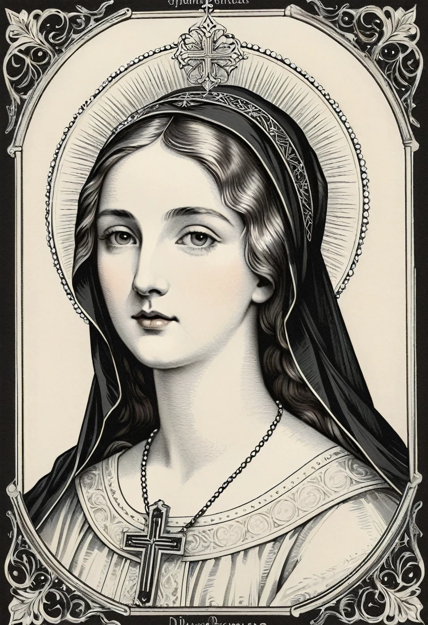 Black frame, line drawing, print, antique, holy card, woman, black and white, ultra-fine drawing, delicate, divine