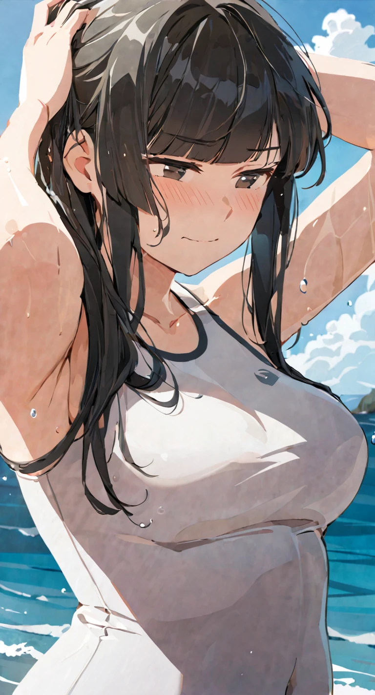 masterpiece,best quality, solo, eda, bangs, black hair, upper body,blue sky,cloud, shy expression, medium breast, hot, thicc, swimsuit , ocean, water, she is tying her hair, she is shy, embarrassed , she is embarrassed, dynamic pose, she is tying her hair, close shot, upper body, chubby