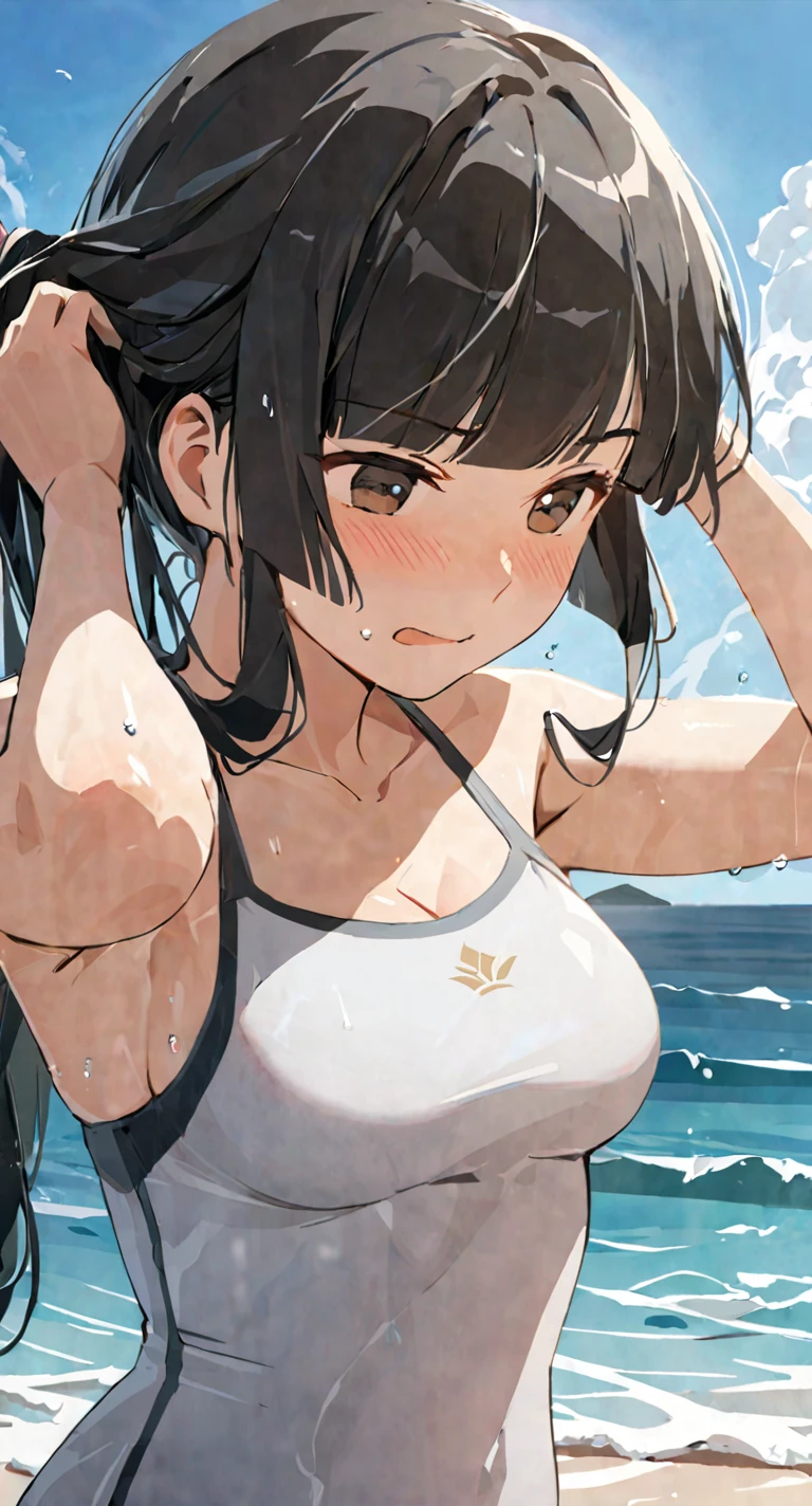 masterpiece,best quality, solo, eda, bangs, black hair, upper body,blue sky,cloud, shy expression, medium breast, hot, thicc, swimsuit , ocean, water, she is tying her hair, she is shy, embarrassed , she is embarrassed, dynamic pose, she is tying her hair, close shot, upper body, chubby