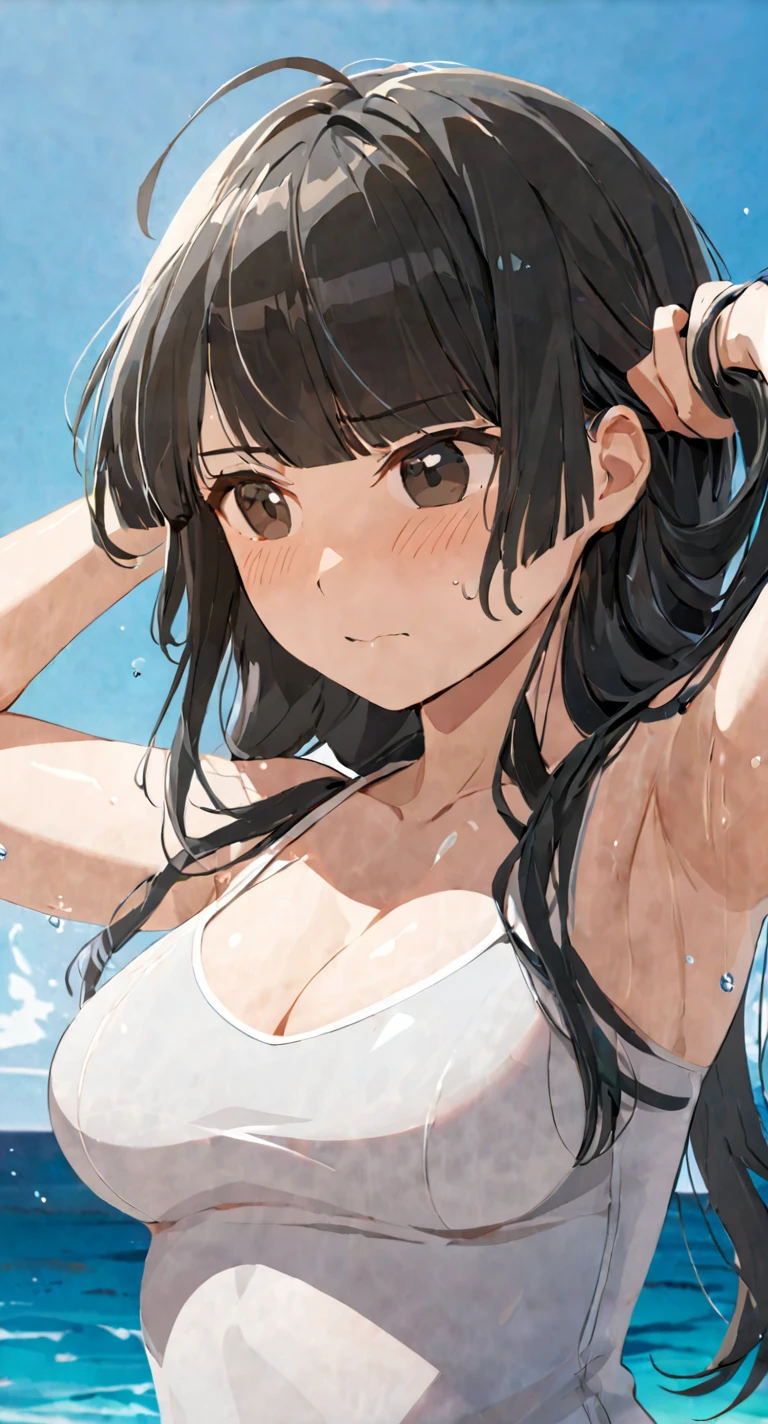 masterpiece,best quality, solo, eda, bangs, black hair, upper body,blue sky,cloud, shy expression, medium breast, hot, thicc, swimsuit , ocean, water, she is tying her hair, she is shy, embarrassed , she is embarrassed, dynamic pose, she is tying her hair, close shot, upper body, chubby