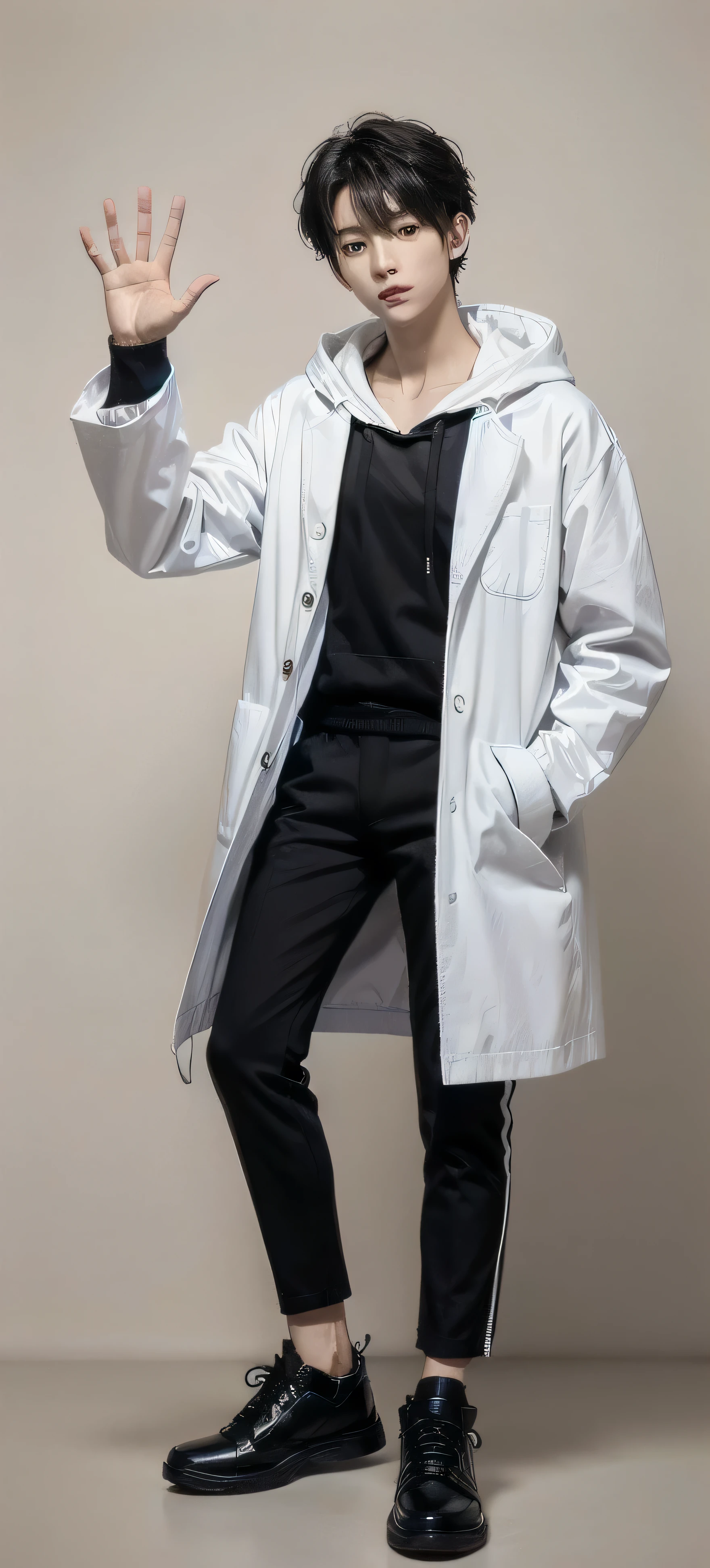 young asian man, Japanese idol style, short clean-cut hair,((open hands)) , ((center part)), (crisp white lab coat:1.3), ((black hoodie underneath:1.7)), (black pants:1.7), (black shoes:1.7), calm confident expression, (holding a product in right hand:1.3), (pointing with left index finger:1.3), explaining pose, plain white background, mid-shot portrait, full body view, high quality, detailed, 8K, (realistic skin texture:1.2), (sharp focus:1.1), (contrast between white coat and black clothing:1.2)
