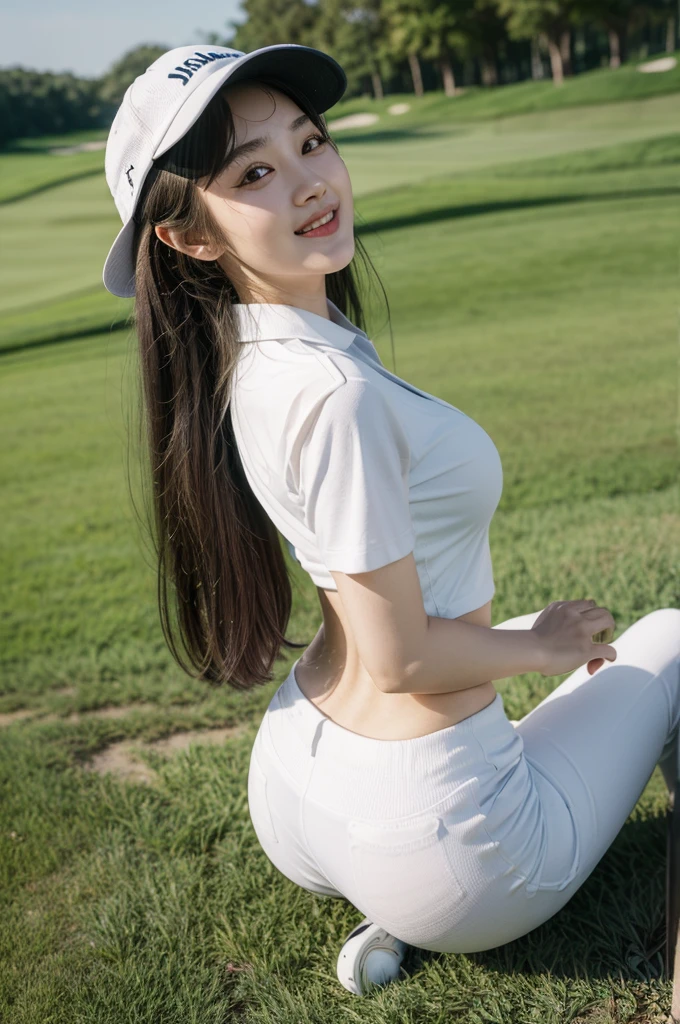 (masterpiece, best quality:1.4), 골프선수full body photo, 1 woman, alone,full body photo,long hair blowing in the wind, laugh, smile (big bust,:1.4), (big ass,1.4), watermelon sized breasts, butt as big as your head, Tight polyester long pants, Tight short sleeve collar tie, polyester t-shirt, sports wear, golf course, realistic, dynamic, back, full body photo, Golf Cap, sun visor, Natural gaze, Natural pupils, camera gaze