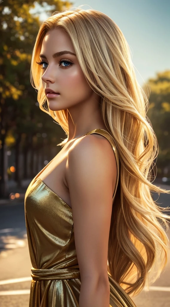 This character portrays a confident and alluring sexy beautiful woman, 22 years old, a thin fit body, big gray eyes, golden blonde hair, (realistic:1.3), hyper detailed, photorealistic, portrait, masterpiece, vibrant colors, natural lighting, cinematic composition, clad in a modern style dress, side view