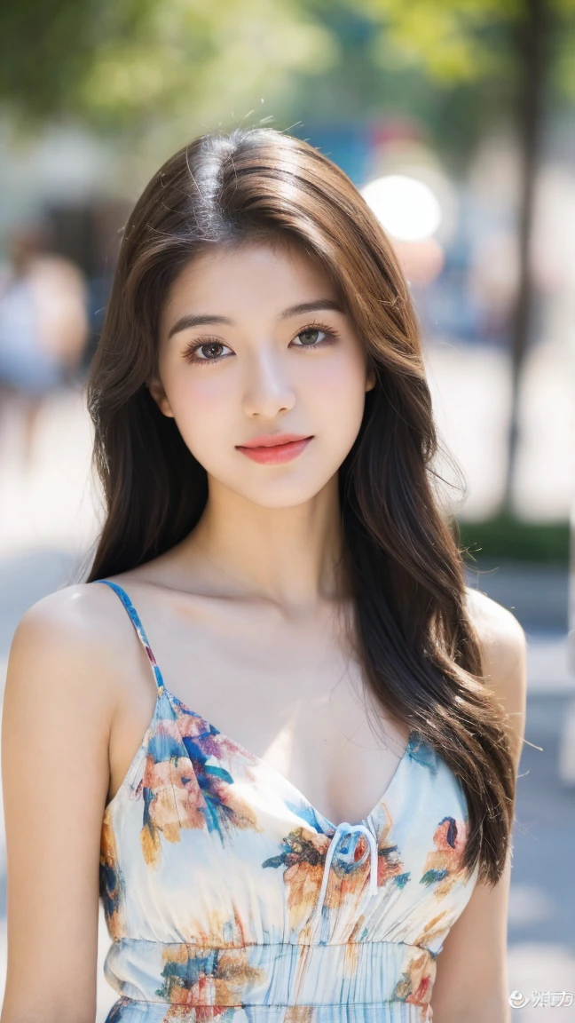 ((Highest quality, 8k, masterpiece:1.3)),One girl,18-year-old,Asian,Realistic texture:1.3,(Background Blur:1.1),Dress up,tall and slender figure:1.2,(Hot summer weather),(street:1.3),Highly detailed face and skin texture,Beautiful Eyes,Long eyelashes,double eyelid,Skin whitening,Happy,Various postures,chest