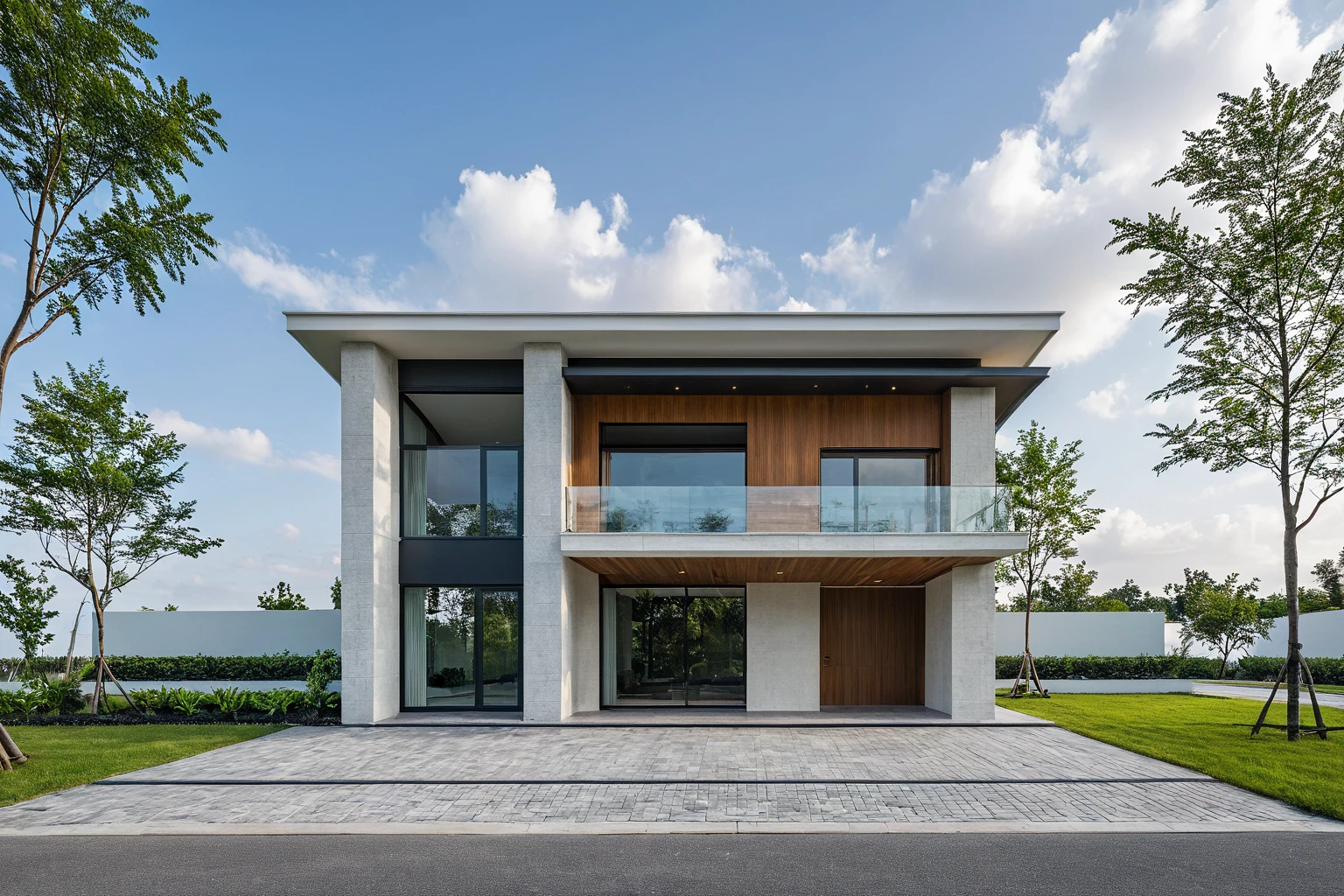 Masterpiece, high quality, best quality, authentic, super detail, outdoors, onestoreyvillaXL, aiaigroup, house style modern on the street ,stairs, white wall ,road,pavement, grass, trees, sky, cloud, (daylight:1.1)