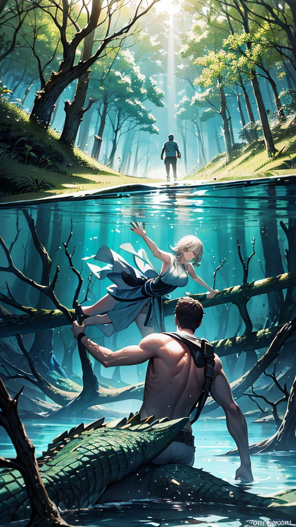 Create a scene that divides the scene into two parts: the upper water and the underwater part. In the upper water part, there is a forest path full of large trees. Sunlight shines through the trees, creating beautiful light and shadow. A man is walking facing the path, holding a rifle in his hand. Underwater, there is a young woman who is trying to escape from something. She is holding onto a branch that extends into the water tightly. Near her, there is a strong young man who has the body from the waist down of a large, ferocious crocodile, threatening the young woman. Underwater, there are tree roots spreading all over, creating a mysterious and tense atmosphere.