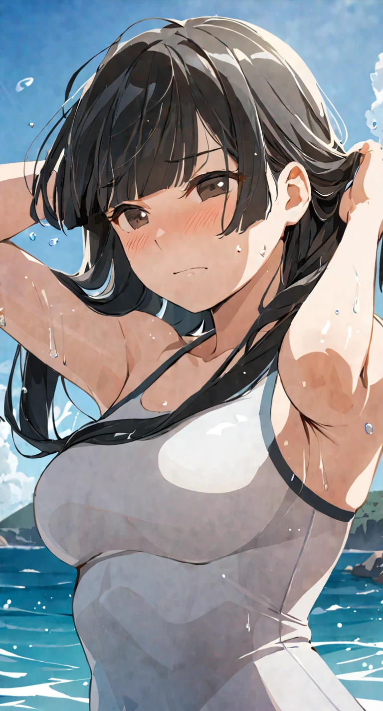 masterpiece,best quality, solo, eda, bangs, black hair, upper body,blue sky,cloud, shy expression, medium breast, hot, thicc, swimsuit , ocean, water, she is tying her hair, she is shy, embarrassed , she is embarrassed, dynamic pose, she is tying her hair, close shot, upper body, chubby, dynamic pose